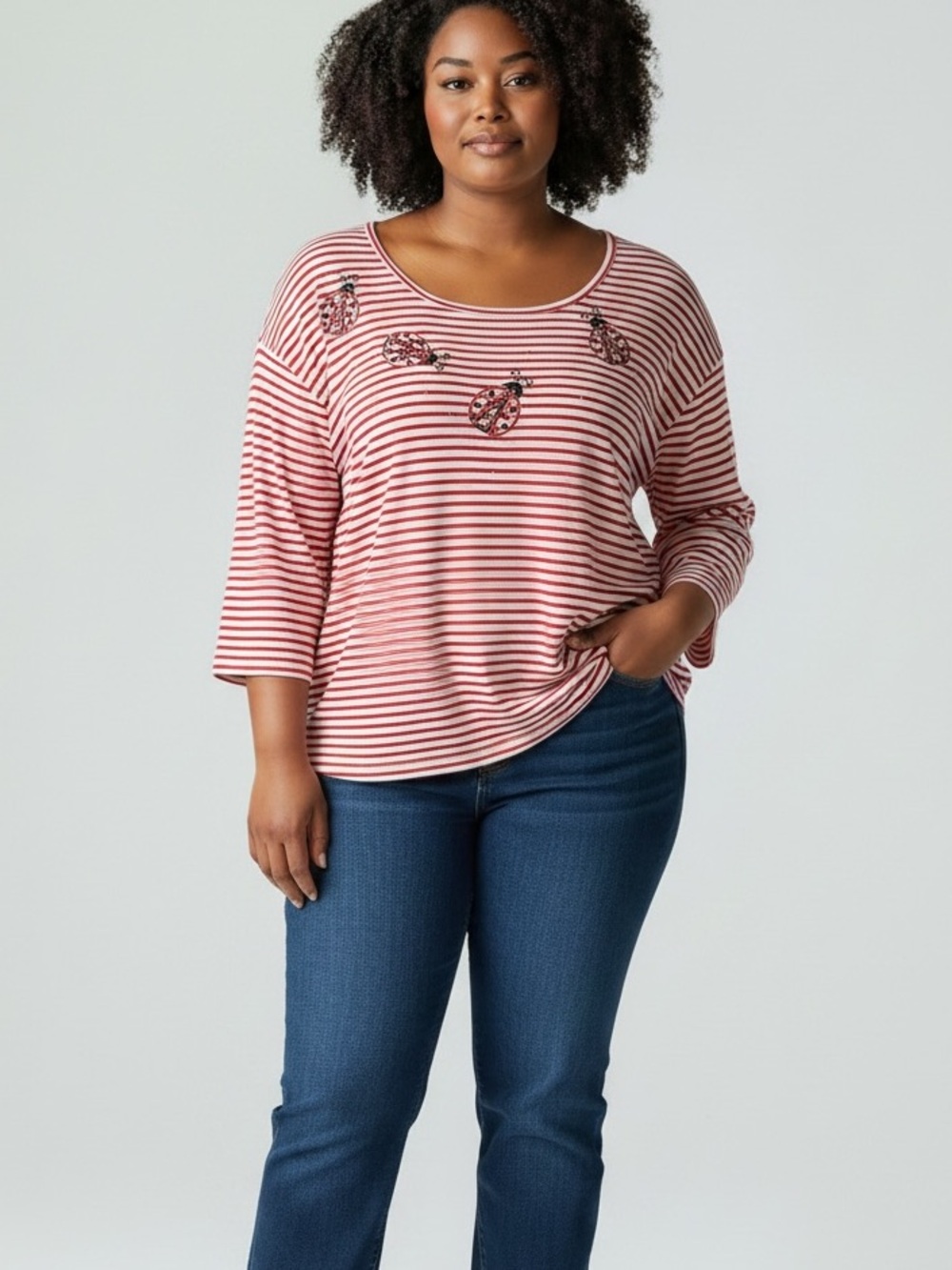 Quacker Factory Ladybug Striped Embroidered Top